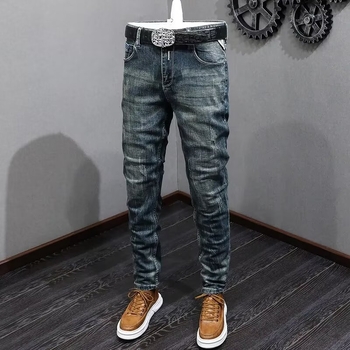 Мъжки дънки от памучен еластичен деним, Slim Straight кройка, винтидж distressed измиване, средна талия, бутонно закопчаване