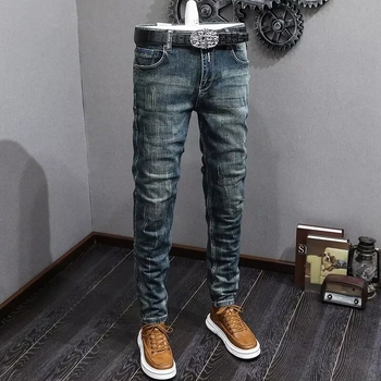 Мъжки дънки от памучен еластичен деним, Slim Straight кройка, винтидж distressed измиване, средна талия, бутонно закопчаване
