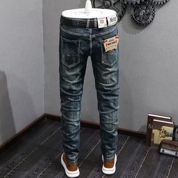 Мъжки дънки от памучен еластичен деним, Slim Straight кройка, винтидж distressed измиване, средна талия, бутонно закопчаване