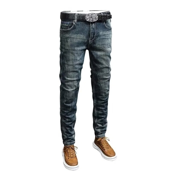 Мъжки дънки от памучен еластичен деним, Slim Straight кройка, винтидж distressed измиване, средна талия, бутонно закопчаване