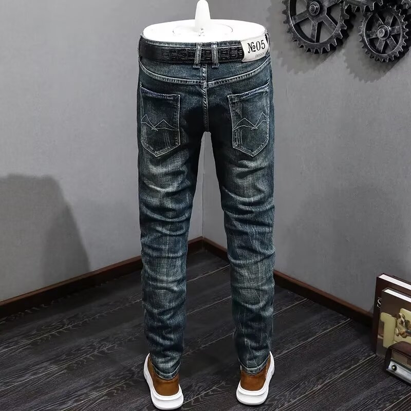 Мъжки дънки от памучен еластичен деним, Slim Straight кройка, винтидж distressed измиване, средна талия, бутонно закопчаване