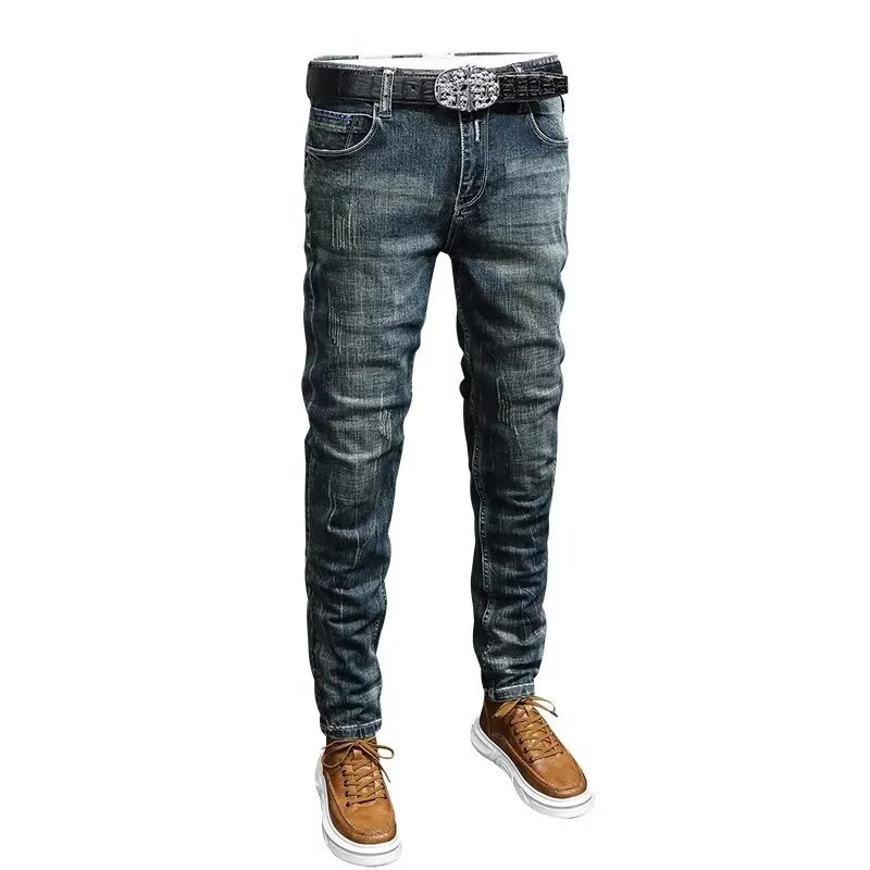 Мъжки дънки от памучен еластичен деним, Slim Straight кройка, винтидж distressed измиване, средна талия, бутонно закопчаване