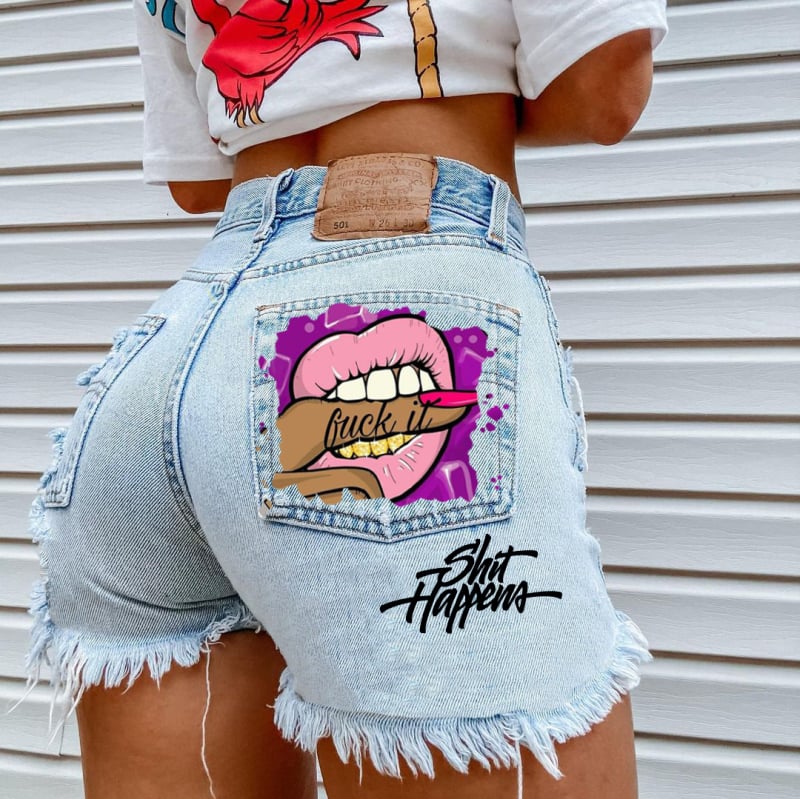 Ženski džins šorts s prints usana i otiska prsta, srednji pojas, tijesni kroj, street hipster stil (denim 70–80%)