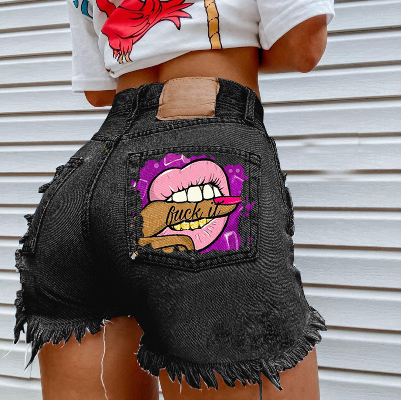 Ženski džins šorts s prints usana i otiska prsta, srednji pojas, tijesni kroj, street hipster stil (denim 70–80%)