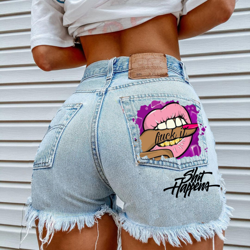 Ženski džins šorts s prints usana i otiska prsta, srednji pojas, tijesni kroj, street hipster stil (denim 70–80%)