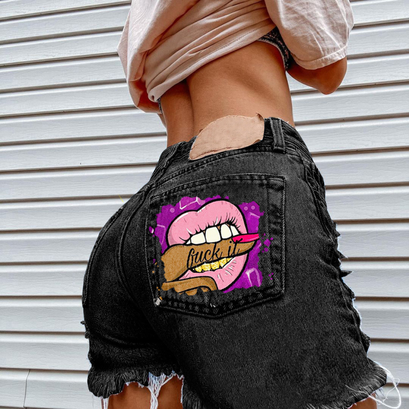 Ženski džins šorts s prints usana i otiska prsta, srednji pojas, tijesni kroj, street hipster stil (denim 70–80%)