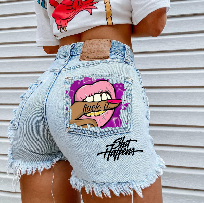 Ženski džins šorts s prints usana i otiska prsta, srednji pojas, tijesni kroj, street hipster stil (denim 70–80%)