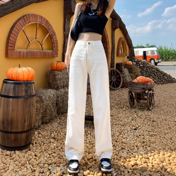 Džinsice s visokim strukom i ravnim krojem, denim, 30–50% polyester, proljeće 2025, japansko-korejski casual stil