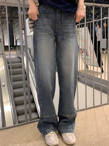 Τζιν υψηλής μέσης, ίσια casual γραμμή, ντένιμ με 30–50% σπάντεξ, σχέδιο κολάζ/σμίλευση