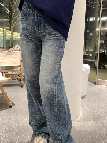 Τζιν υψηλής μέσης, ίσια casual γραμμή, ντένιμ με 30–50% σπάντεξ, σχέδιο κολάζ/σμίλευση