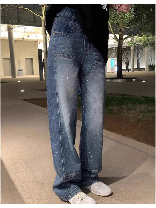 Τζιν υψηλής μέσης, ίσια casual γραμμή, ντένιμ με 30–50% σπάντεξ, σχέδιο κολάζ/σμίλευση