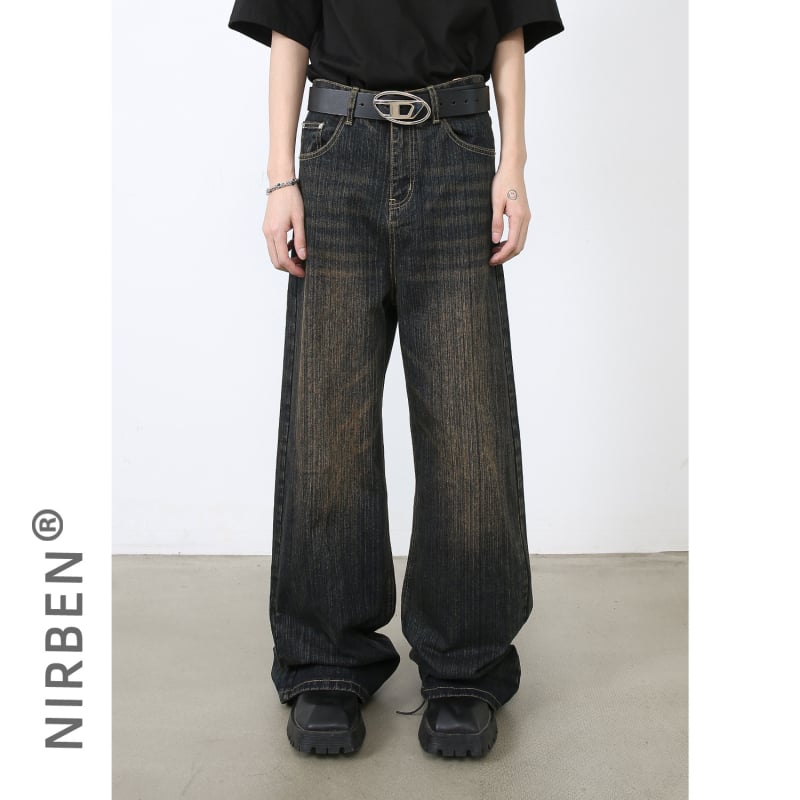 Muške traperice - korejskog stila, širok kroj, srednji pojas, isprani denim, 90% pamuk, 5% poliester, 5% viskoza