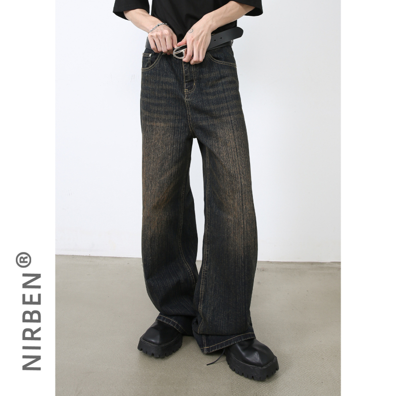 Muške traperice - korejskog stila, širok kroj, srednji pojas, isprani denim, 90% pamuk, 5% poliester, 5% viskoza