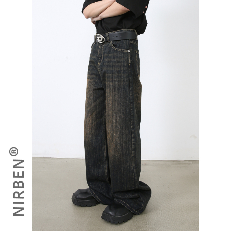 Muške traperice - korejskog stila, širok kroj, srednji pojas, isprani denim, 90% pamuk, 5% poliester, 5% viskoza