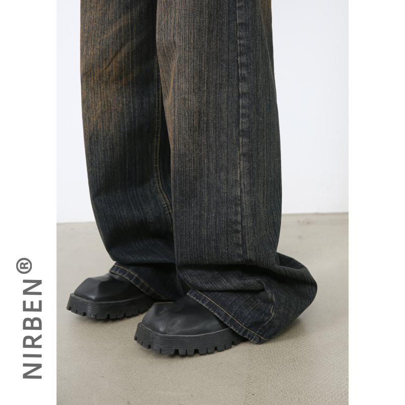 Muške traperice - korejskog stila, širok kroj, srednji pojas, isprani denim, 90% pamuk, 5% poliester, 5% viskoza