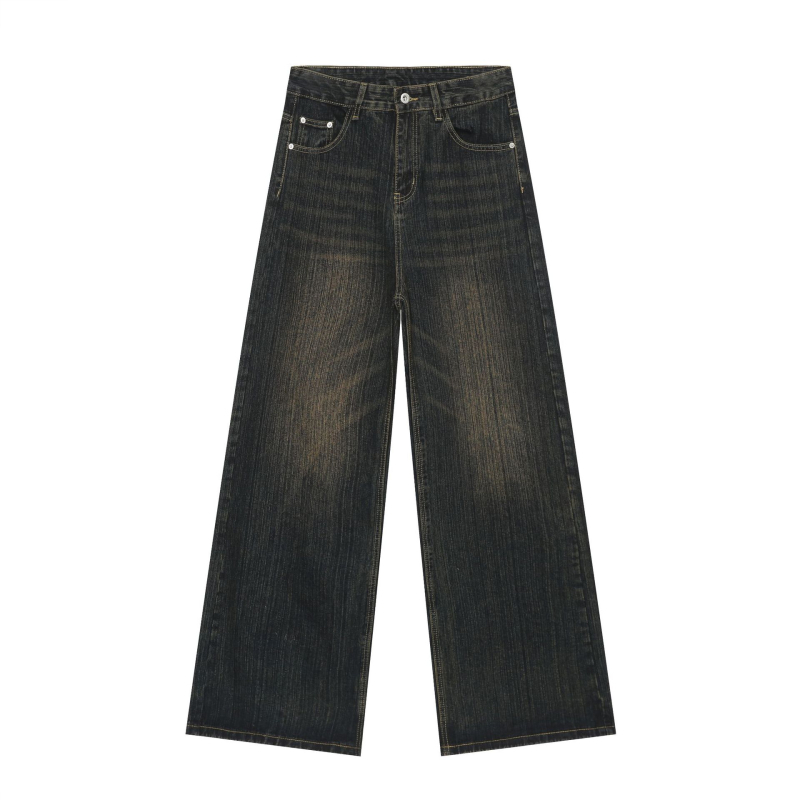 Muške traperice - korejskog stila, širok kroj, srednji pojas, isprani denim, 90% pamuk, 5% poliester, 5% viskoza