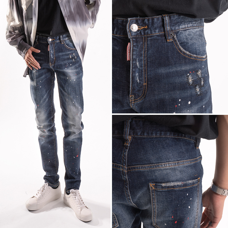 Muške traperice od denima s istrošenim uzorcima i kapljicama boje, slim fit, srednji pojas, uski završetak nogavica