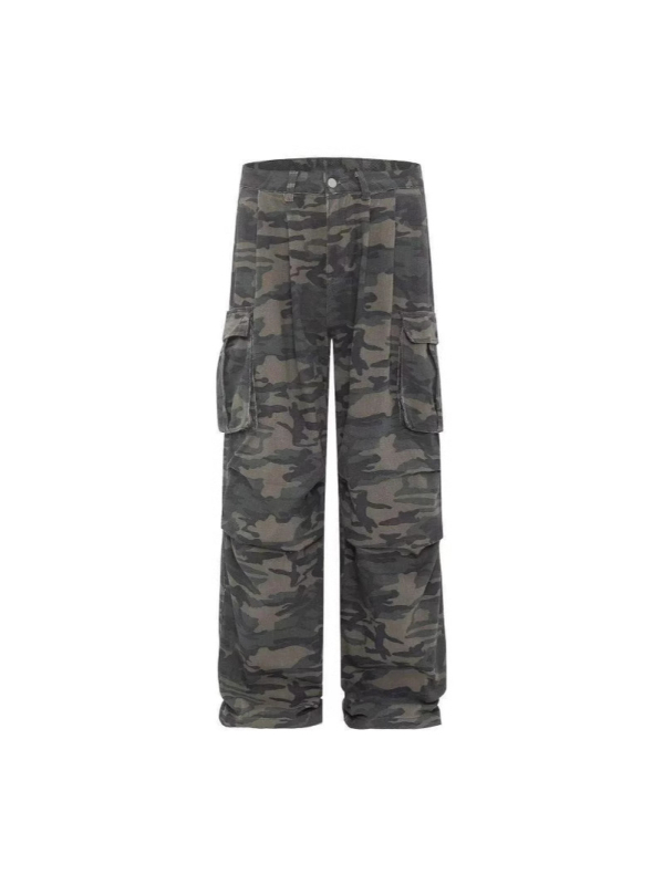 Jeansi de lucru din denim cu imprimeu camuflaj – croi larg, talie înaltă, primăvara 2025