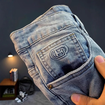 Muške traperice slim-fit, kratka duljina do gležnja, srednji pojas, zatvarač, mikro-elastičnost, tkanina od pamuka i poliestera