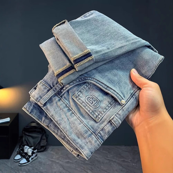 Muške traperice slim-fit, kratka duljina do gležnja, srednji pojas, zatvarač, mikro-elastičnost, tkanina od pamuka i poliestera