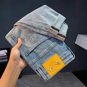Muške traperice slim-fit, kratka duljina do gležnja, srednji pojas, zatvarač, mikro-elastičnost, tkanina od pamuka i poliestera