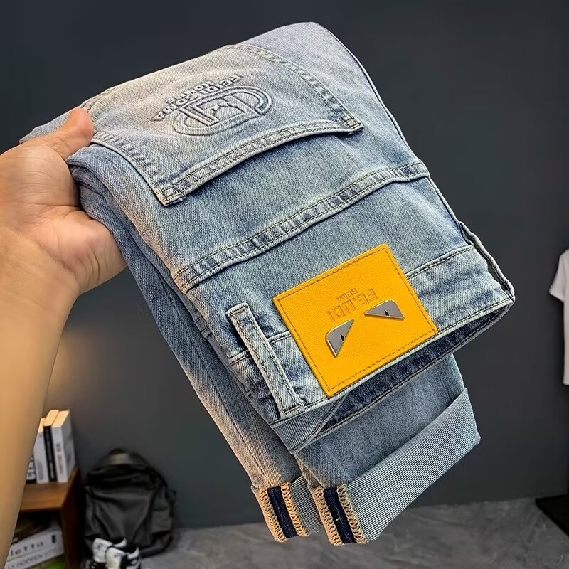 Muške traperice slim-fit, kratka duljina do gležnja, srednji pojas, zatvarač, mikro-elastičnost, tkanina od pamuka i poliestera