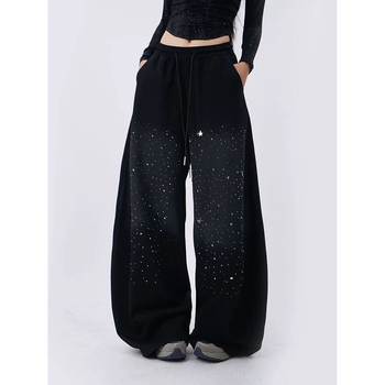 Pantaloni denim pentru femei cu gradient de cer cu stele, talie elastică, croială largă, cu pietre termice