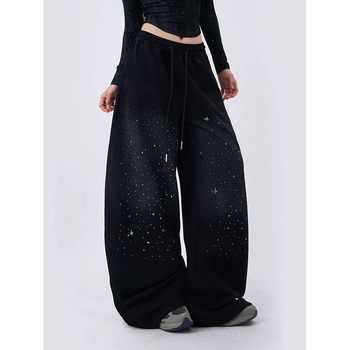 Pantaloni denim pentru femei cu gradient de cer cu stele, talie elastică, croială largă, cu pietre termice