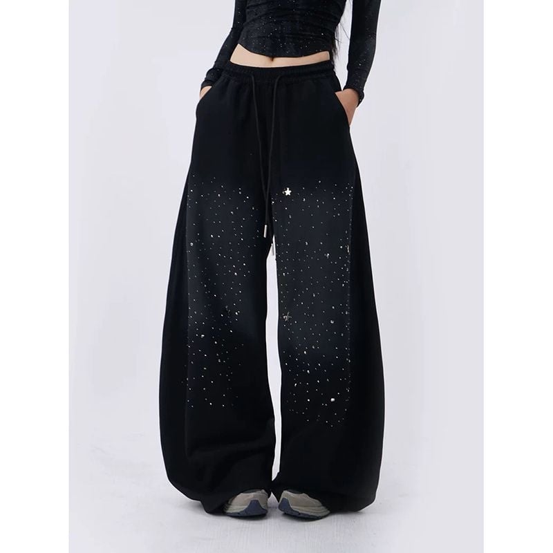 Pantaloni denim pentru femei cu gradient de cer cu stele, talie elastică, croială largă, cu pietre termice