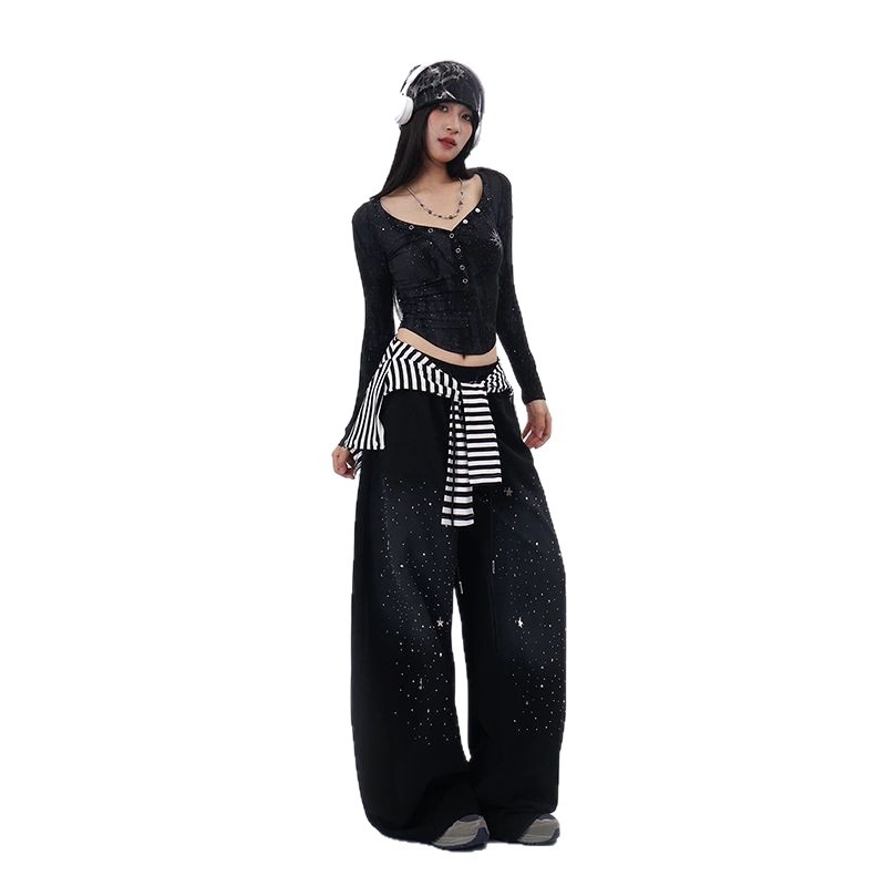 Pantaloni denim pentru femei cu gradient de cer cu stele, talie elastică, croială largă, cu pietre termice