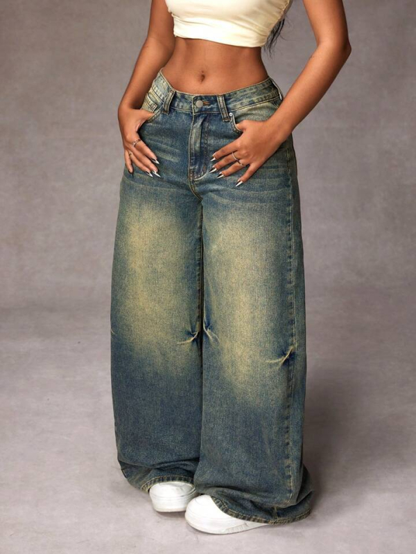 Jeansi cu talie înaltă și croială wide din denim, 50–70% bumbac și 30–50% poliester, finisaj spălat