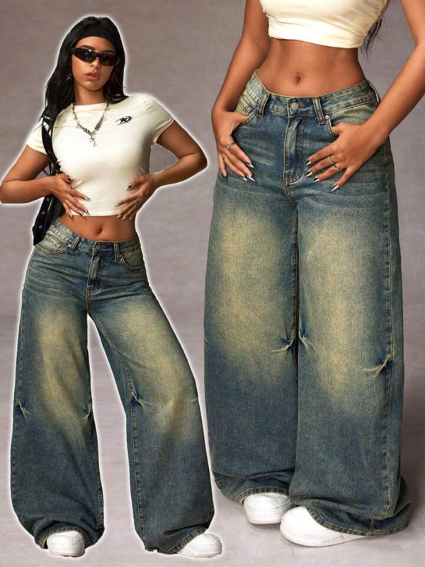 Jeansi cu talie înaltă și croială wide din denim, 50–70% bumbac și 30–50% poliester, finisaj spălat