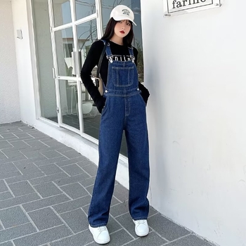 Traperice s naramenicama, visoki struk, široke nogavice, denim, pamuk 70–80%, japansko-korejski casual stil