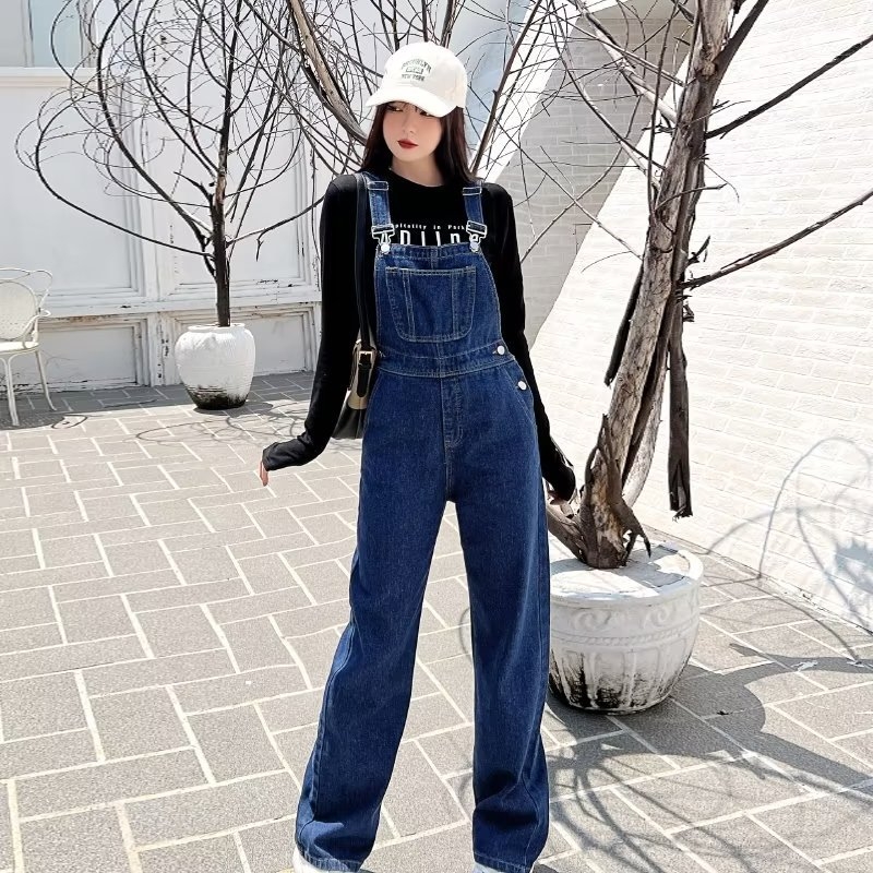 Traperice s naramenicama, visoki struk, široke nogavice, denim, pamuk 70–80%, japansko-korejski casual stil