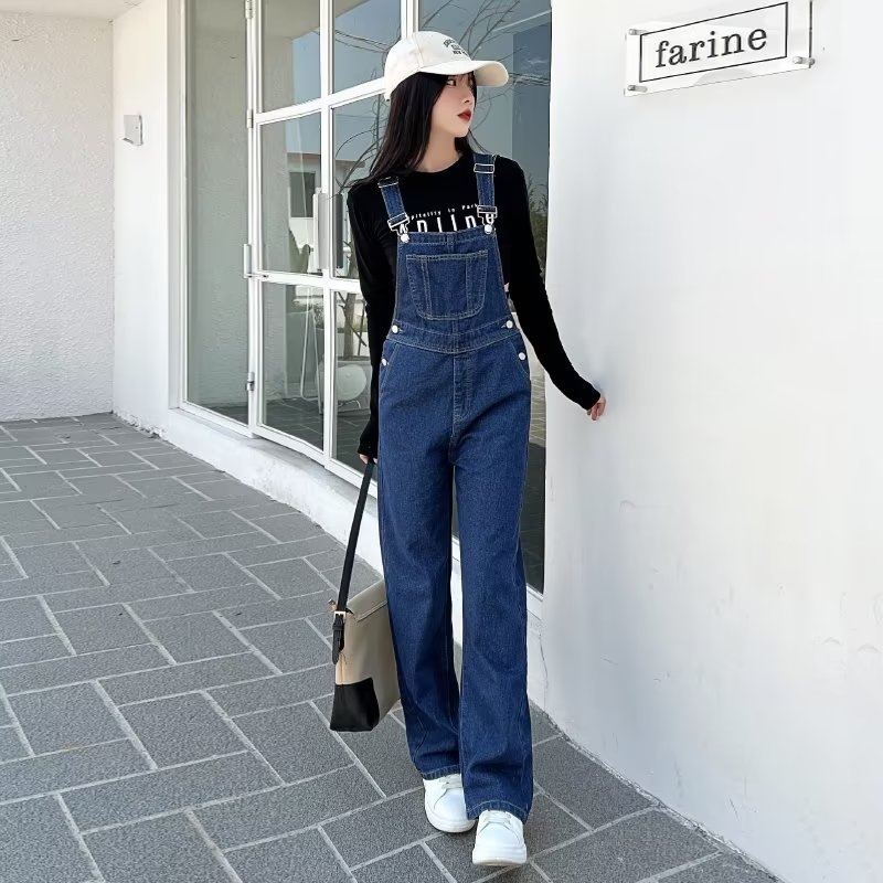 Traperice s naramenicama, visoki struk, široke nogavice, denim, pamuk 70–80%, japansko-korejski casual stil