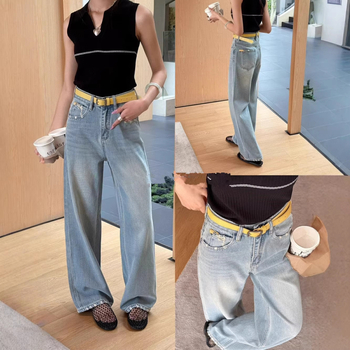 Jeansi cu talie înaltă și croială largă, denim 70–80% compoziție, stil japonez și coreean casual