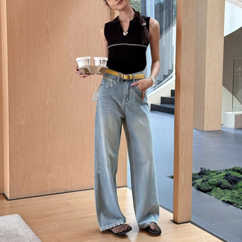 Jeansi cu talie înaltă și croială largă, denim 70–80% compoziție, stil japonez și coreean casual