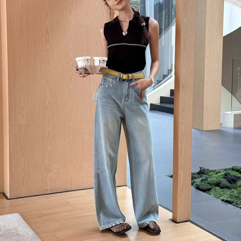 Jeansi cu talie înaltă și croială largă, denim 70–80% compoziție, stil japonez și coreean casual