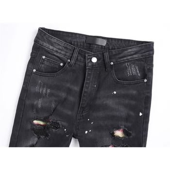 Blugi cu rupturi și aplicație cu cristale, talie medie, fermoar închidere, croială dreaptă, microelastic pentru bărbați