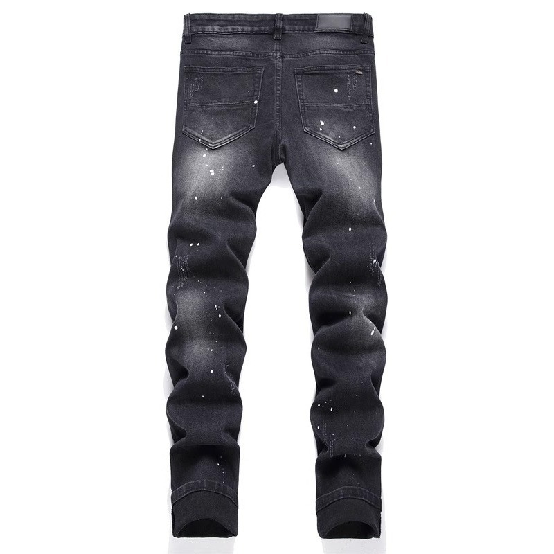 Blugi cu rupturi și aplicație cu cristale, talie medie, fermoar închidere, croială dreaptă, microelastic pentru bărbați