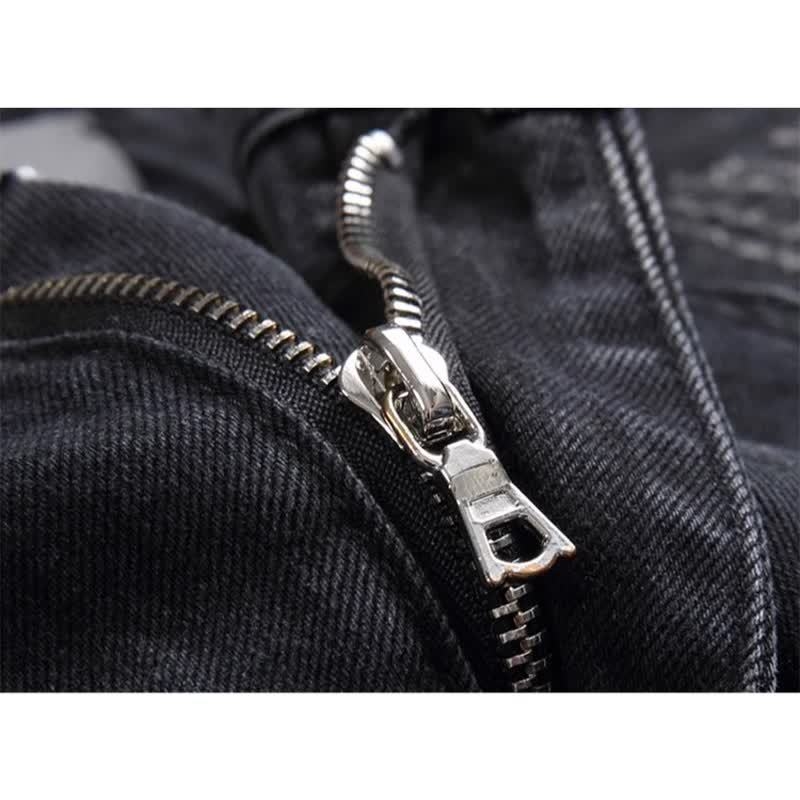 Blugi cu rupturi și aplicație cu cristale, talie medie, fermoar închidere, croială dreaptă, microelastic pentru bărbați