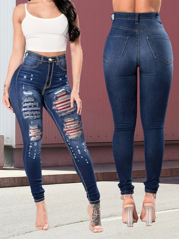 Jeans skinny rupți din denim pentru femei plus size, talie medie, înaltă elasticitate, 50–70% bumbac / 30–50% poliester, stil stradal