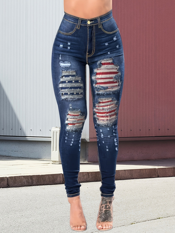 Jeans skinny rupți din denim pentru femei plus size, talie medie, înaltă elasticitate, 50–70% bumbac / 30–50% poliester, stil stradal