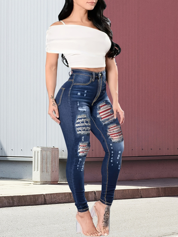 Jeans skinny rupți din denim pentru femei plus size, talie medie, înaltă elasticitate, 50–70% bumbac / 30–50% poliester, stil stradal