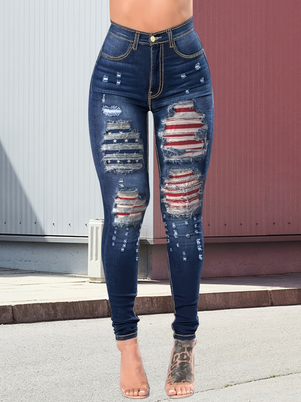 Jeans skinny rupți din denim pentru femei plus size, talie medie, înaltă elasticitate, 50–70% bumbac / 30–50% poliester, stil stradal