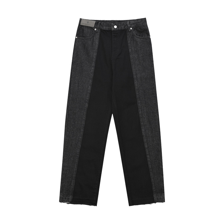 OVDY Muške traperice s preklopljenim stražnjim džepovima, patchwork dizajn, isprani denim, ravni kroj, srednji pojas