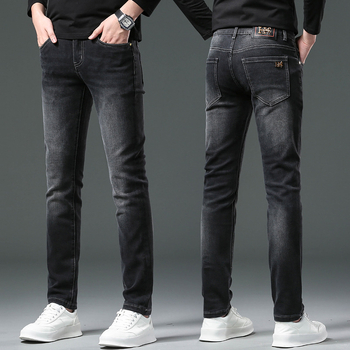 Muške denim hlače za zimu, europskog stila, slim straight kroj, crne
