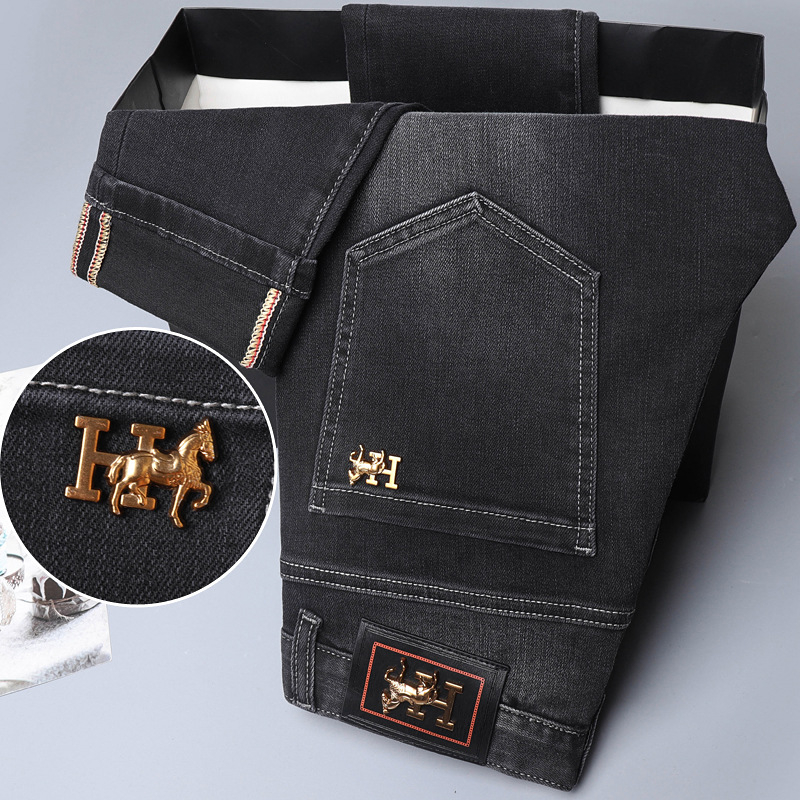 Muške denim hlače za zimu, europskog stila, slim straight kroj, crne