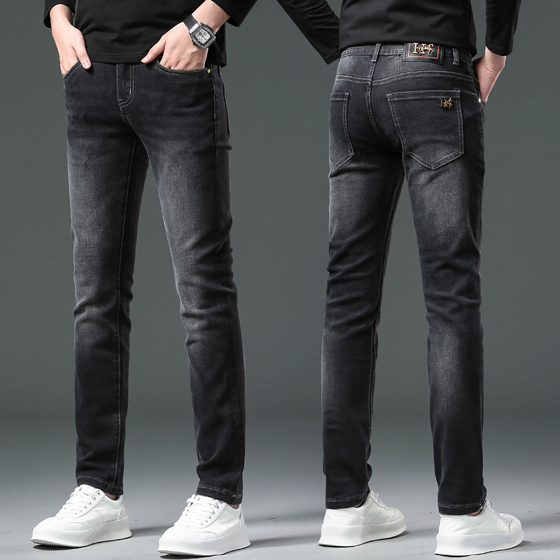 Muške denim hlače za zimu, europskog stila, slim straight kroj, crne
