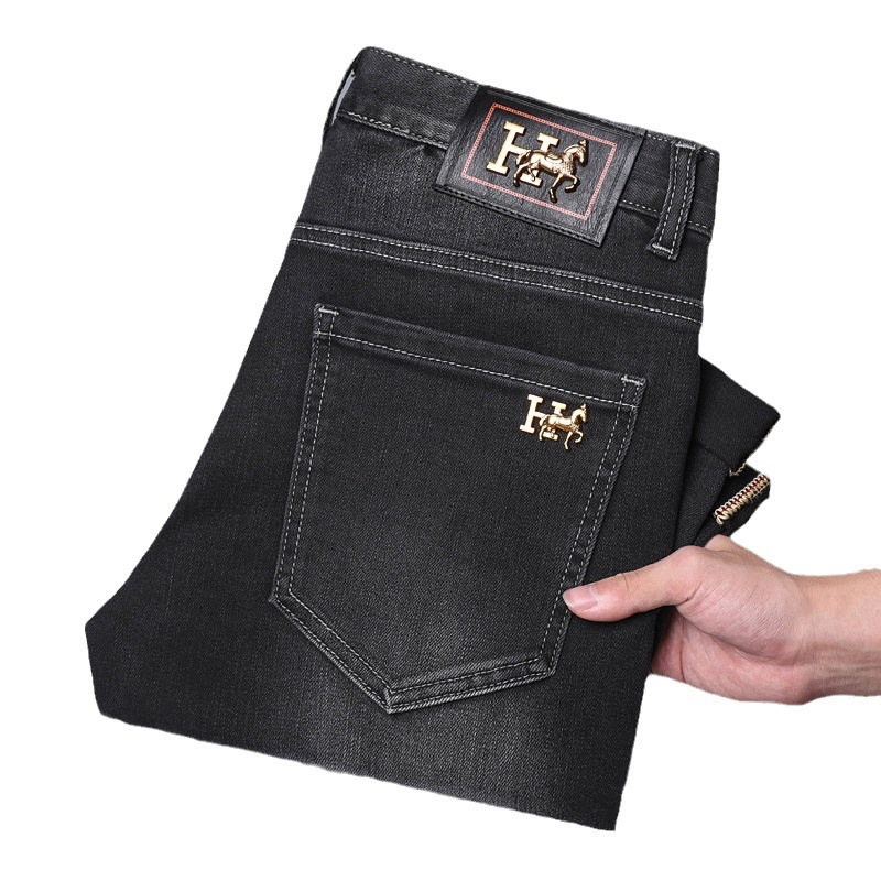 Muške denim hlače za zimu, europskog stila, slim straight kroj, crne
